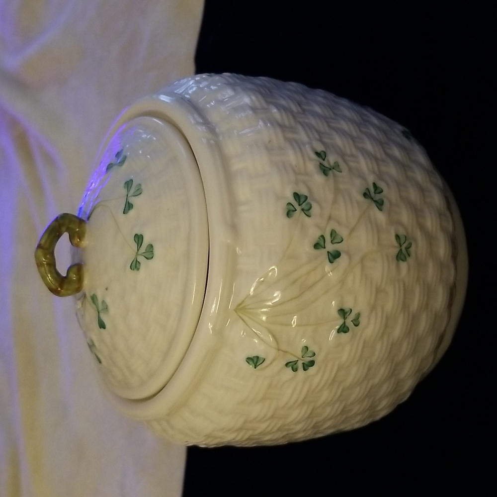 Belleek Shamrock Basketweave Bowl with Lid